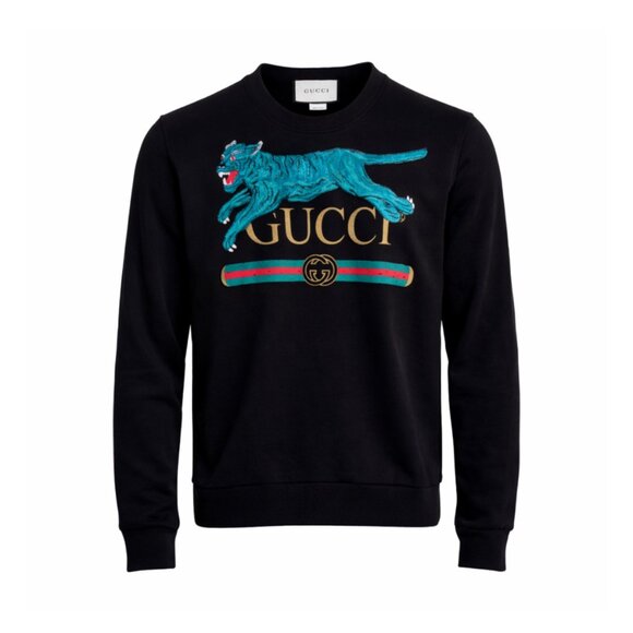 Gucci Other - GUCCI Men's Black Leopard Appliqué Logo Print Crewneck Sweatshirt